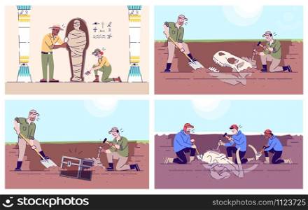 Archeology flat vector illustrations set. Treasure hunt, study of ancient civilizations and prehistoric animals. Paleontology and history research isolated cartoon characters with outline elements