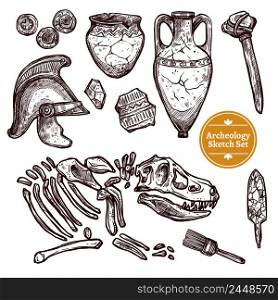 Archeology hand drawn sketch set of paleontological and archaeological ancient finds isolated vector illustration. Archeology Hand Drawn Sketch Set