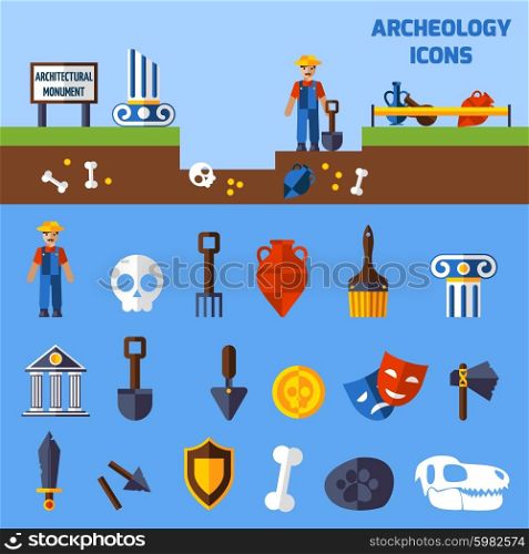 Archeology Icons Set. Archeology icons set with paleontological finds and tools for excavations vector illustration
