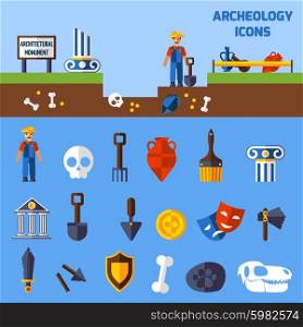 Archeology Icons Set. Archeology icons set with paleontological finds and tools for excavations vector illustration