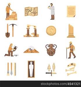 Archeology Icons Set. Set of color flat icons depicting archeology elements finds equipment scientist vector illustration