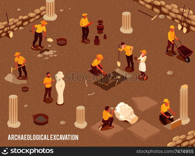 Archeology isometric background with archeological excavation of ancient artifacts process 3d vector illustration