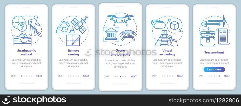 Archeology methods onboarding mobile app page screen vector template. Study of terrain, treasure hunt. Walkthrough website steps with linear illustrations. UX, UI, GUI smartphone interface concept