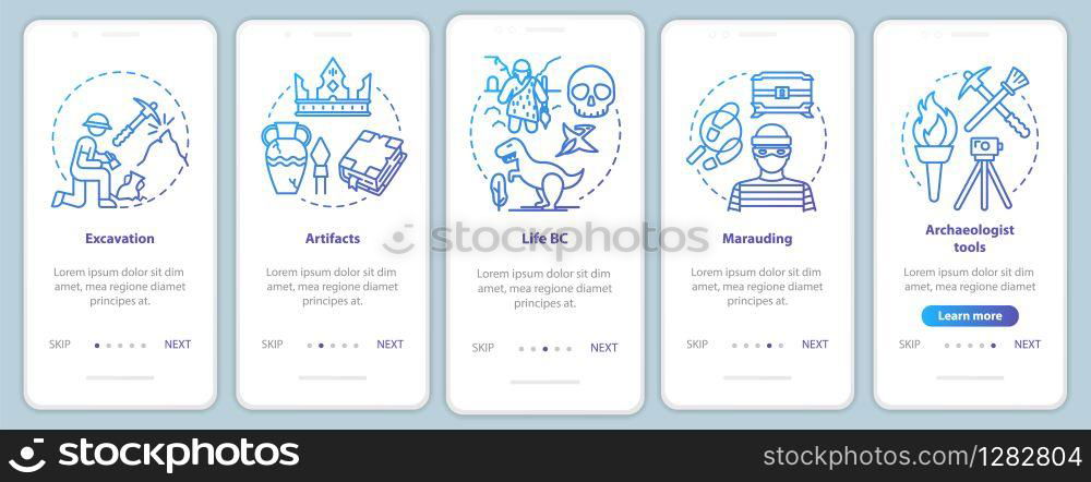 Archeology onboarding mobile app page screen vector template. Excavating and preserving artifacts. Walkthrough website steps with linear illustrations. UX, UI, GUI smartphone interface concept