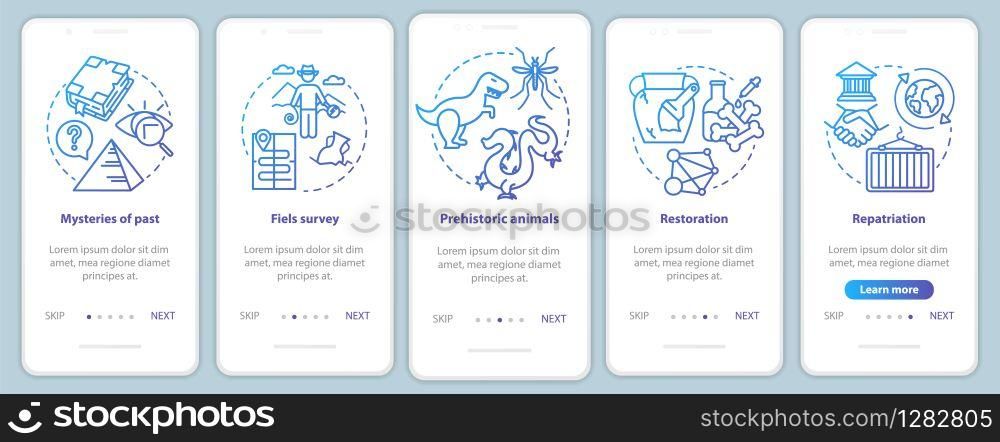 Archeology onboarding mobile app page screen vector template. Mysteries of past researching. Walkthrough website steps with linear illustrations. UX, UI, GUI smartphone interface concept