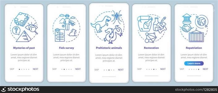 Archeology onboarding mobile app page screen vector template. Mysteries of past researching. Walkthrough website steps with linear illustrations. UX, UI, GUI smartphone interface concept