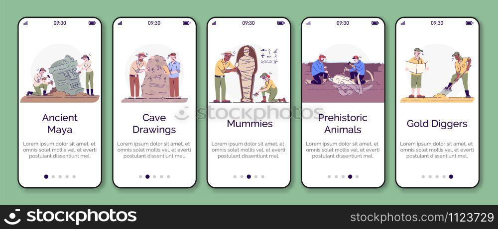 Archeology onboarding mobile app screen vector template. Paleontology and history of civilization. Walkthrough website steps with flat characters. UX, UI, GUI smartphone cartoon interface concept