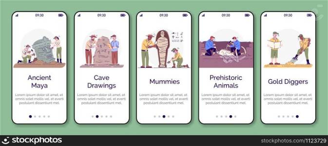 Archeology onboarding mobile app screen vector template. Paleontology and history of civilization. Walkthrough website steps with flat characters. UX, UI, GUI smartphone cartoon interface concept
