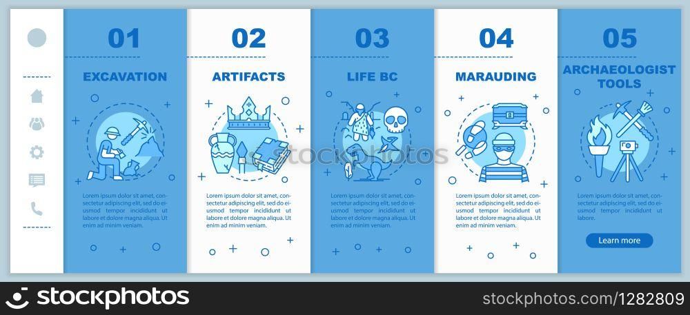 Archeology onboarding mobile web pages vector template. Historical research. Responsive smartphone website interface idea with linear illustrations. Webpage walkthrough step screens. Color concept