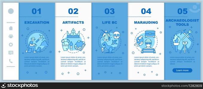 Archeology onboarding mobile web pages vector template. Historical research. Responsive smartphone website interface idea with linear illustrations. Webpage walkthrough step screens. Color concept