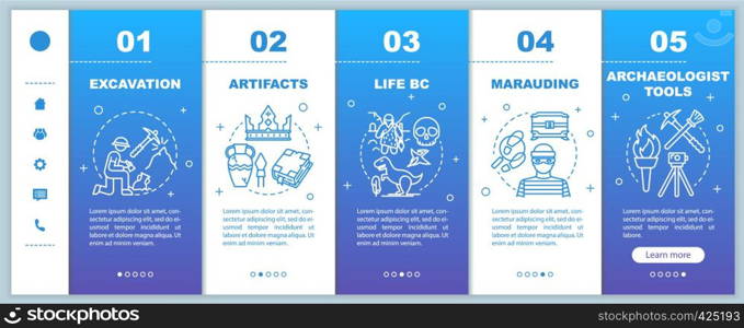 Archeology onboarding mobile web pages vector template. Historical science. Responsive smartphone website interface idea with linear illustrations. Webpage walkthrough step screens. Color concept