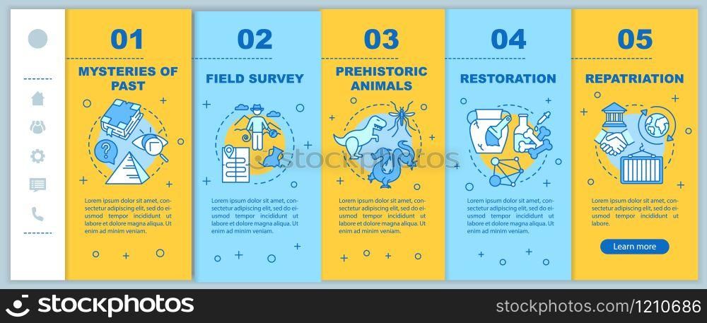 Archeology onboarding mobile web pages vector template. History researching. Responsive smartphone website interface idea with linear illustrations. Webpage walkthrough step screens. Color concept