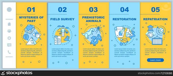 Archeology onboarding mobile web pages vector template. History researching. Responsive smartphone website interface idea with linear illustrations. Webpage walkthrough step screens. Color concept