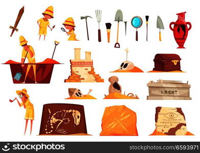 Archeology set of icons with explorers, science equipment, ancient artifacts including tombs, fossils,&hora isolated vector illustration . Archeology Icons Set