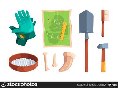 Archeology tools. Digging items archiological equipment for ancient knowledge antique artifacts skull and bones adventure map garish vector collection. Illustration dig and explorer instruments. Archeology tools. Digging items archiological equipment for ancient knowledge antique artifacts skull and bones adventure map garish vector collection