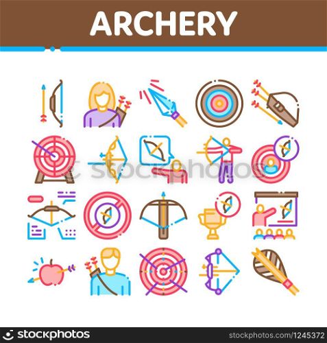 Archery Activity Sport Collection Icons Set Vector. Archery Target And Equipment, Crossbow And Bow, Arrow And Archer, Championship Cup Concept Linear Pictograms. Color Illustrations. Archery Activity Sport Collection Icons Set Vector