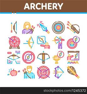 Archery Activity Sport Collection Icons Set Vector. Archery Target And Equipment, Crossbow And Bow, Arrow And Archer, Championship Cup Concept Linear Pictograms. Color Illustrations. Archery Activity Sport Collection Icons Set Vector