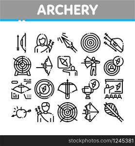 Archery Activity Sport Collection Icons Set Vector. Archery Target And Equipment, Crossbow And Bow, Arrow And Archer, Championship Cup Concept Linear Pictograms. Monochrome Contour Illustrations. Archery Activity Sport Collection Icons Set Vector