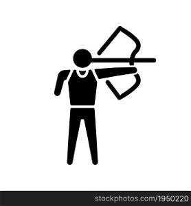 Archery black glyph icon. Sportsman hit targets with bow. Shooting arrows over distance. Accuracy sport competition. Disabled athlete. Silhouette symbol on white space. Vector isolated illustration. Archery black glyph icon