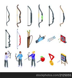 Archery competition icons set isometric vector. Archery target. Bullseye goal. Archery competition icons set isometric vector. Archery target