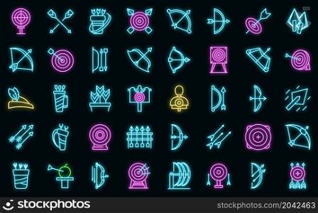 Archery competition icons set outline vector. Target bullseye. Archery purpose goal. Archery competition icons set vector neon