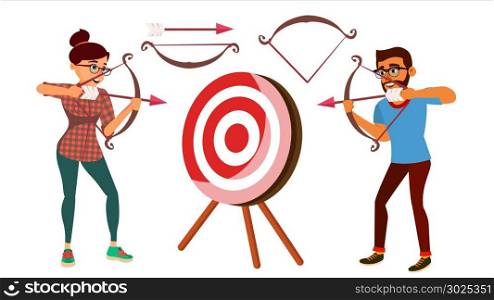 Archery Concept Vector. Woman And Man Shooting From A Bow In A Target. Archery Player Aiming At Target. Sport, Challenge, Leisure. Arrow. Flat Cartoon Illustration. Archery Concept Vector. Woman And Man Shooting From A Bow In A Target. Archery Player Aiming At Target. Sport, Challenge, Leisure. Arrow. Cartoon Illustration