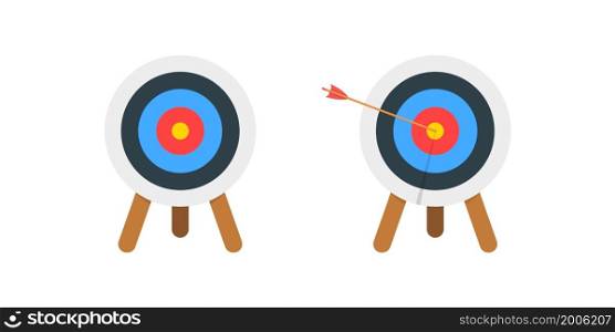 Archery dartboard with and without arrow hitting goal ring. Achieving target strategy idea. Business success plan concept. Vector cartoon illustration.. Archery dartboard with and without arrow hitting goal ring. Achieving target strategy idea. Business success plan concept