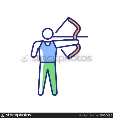 Archery RGB color icon. Sportsman hit targets with bow. Shooting arrows over distance. Accuracy sport competition. Disabled athlete. Isolated vector illustration. Simple filled line drawing. Archery RGB color icon
