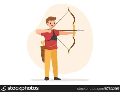 Archery Sport with Bow and Arrow Pointing at Target for Outdoor Recreational Activity in Flat Cartoon Hand Drawn Template Illustration