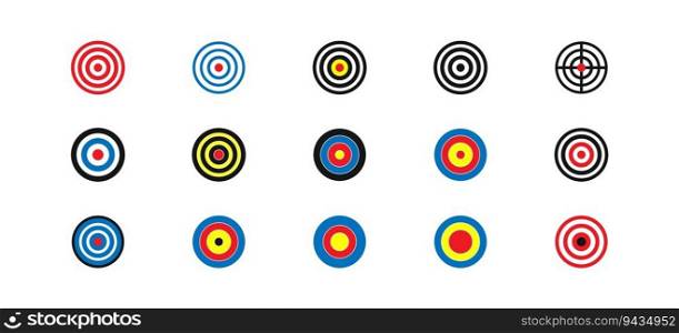 Archery target colored icons set. Business success. Flat design. Sport sign. Goal concept. Vector illustration