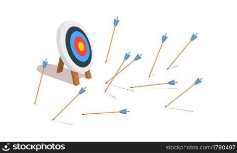 Archery target ring with many missed arrows. Business goal failure symbol. Mistake strategy concept. Vector cartoon illustration.. Archery target ring with many missed arrows. Business goal failure symbol. Mistake strategy concept. Vector cartoon illustration