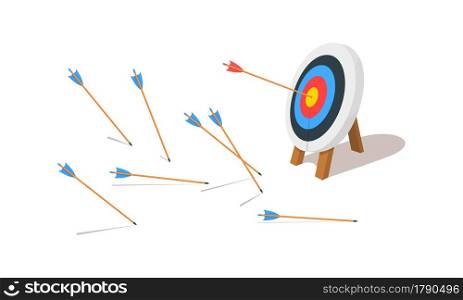 Archery target ring with one hitting and many missed arrows. Dartboard on tripod. Goal achieving idea. Business success and failure symbol. Efficiency and accuracy concept. Vector cartoon illustration. Archery target ring with one hitting and lots of missed arrows. Goal achieving idea. Business success and failure concept. Vector cartoon illustration