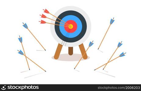 Archery target ring with three hitting bullseye and many missed arrows. Goal achieving idea. Business success and failure symbol. Efficiency and accuracy concept. Vector cartoon illustration.. Archery target ring with three hitting bullseye and many missed arrows. Goal achieving idea. Business success and failure symbol. Efficiency and accuracy concept