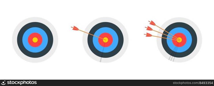 Archery target rings with and without arrows hitting bullseye. Round dartboards isolated on white background. Goal achieving concept. Business success strategy symbols. Vector cartoon illustration.. Archery target rings with and without arrows hitting bullseye. Round dartboards isolated on white background. Goal achieving concept. Business success strategy symbols
