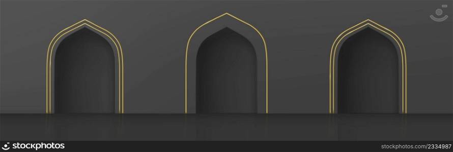 Arches in islamic style, interior gates with gold decoration in black wall. Mosque, palace or castle archway frames, portal entrance, antique doorways or niches, Realistic 3d vector illustration, set. Arches in islamic style, interior gates, entrance