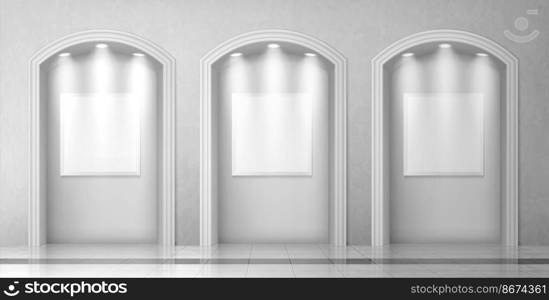 Arches in wall with columns and illuminated blank signboards, curved interior gates with white pillars and empty banners in art gallery or museum, archway classic frames, Realistic 3d vector mock up. Arches with columns and blank signboards in wall