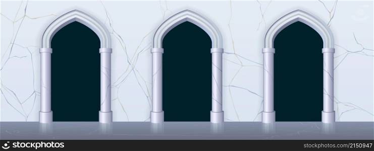 Arches in white marble wall and columns in ancient classic architecture. Vector cartoon illustration of vintage facade of castle, royal palace or temple with terrace and arcade. Arches in white marble wall in ancient castle