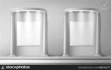 Arches with columns and illuminated blank signboards in wall, rectangular interior gates with white pillars and empty banners in art gallery or museum, archway frames, Realistic 3d vector mock up. Arches with columns and blank signboards in wall