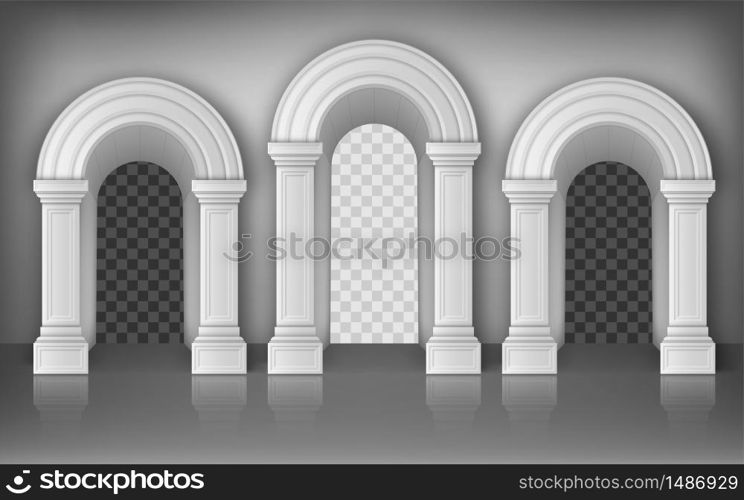 Arches with columns in wall realistic vector, interior gates with white pillars in palace or castle corridor, archway frames, portal entrance, antique doorway with shadow inside, 3d illustration. Arches with white columns in wall, interior gates