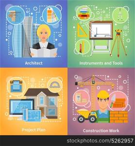 Architect 2x2 Design Concept. Architect 2x2 design concept set of project plan drafting tools and construction work icons compositions flat vector illustration