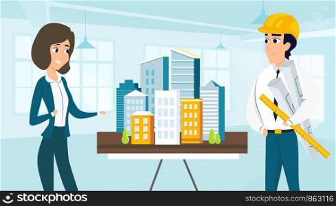 Architect and customer look at the layout the city. Vector illustration of working cartoon characters in coworking studio. The concept of construction, architecture, design