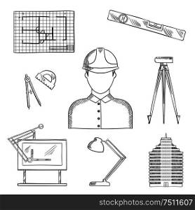 Architect and engineer profession icons with man in helmet, building and drawing table, blueprint and compasses, protractor and lamp, ruler and automatic level on tripod. Architect and engineer profession icons