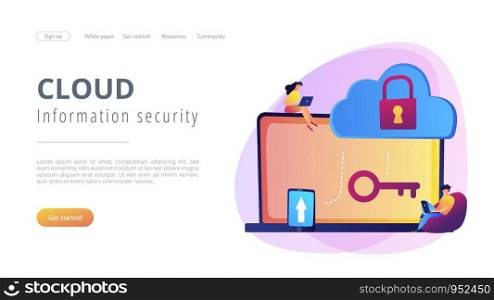 Architect and engineer working on technologies and controls to protect data and applications. Cloud computing and cloud information security concept. Website vibrant violet landing web page template.. Cloud computing security concept landing page.