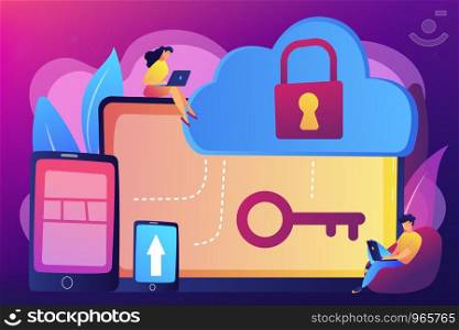 Architect and engineer working on technologies and controls to protect data and applications. Cloud computing and cloud information security concept. Bright vibrant violet vector isolated illustration. Cloud computing security concept vector illustration.