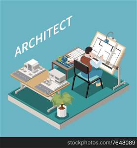 Architect at table isometric composition with view of architects workspace with architectural model and project sheet vector illustration