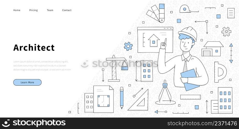 Architect banner with man engineer in helmet and icons of construction industry. Vector landing page of architecture works with doodle illustration of person, house project, measure tools, crane. Architect banner with man engineer in helmet