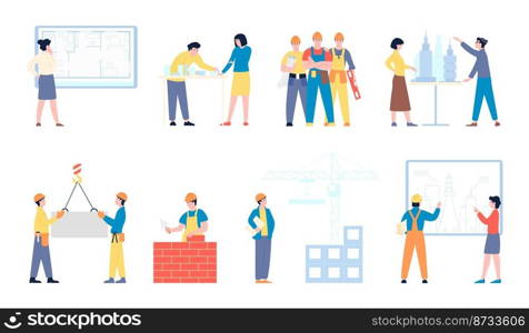 Architect builder characters. Workmen, woman in architecture and flat design. Architects working project, engineering and construction people vector set. Illustration of worker professional occupation. Architect builder characters. Workmen, woman in architecture and flat design. Architects working project, engineering and construction people recent vector set