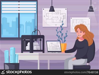 Architect cartoon composition with indoor interior scenery of female architects workplace with project schemes and laptop vector illustration