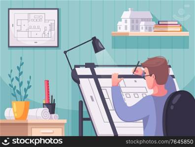 Architect cartoon composition with indoor scenery interior elements and human character drawing scheme of a project vector illustration