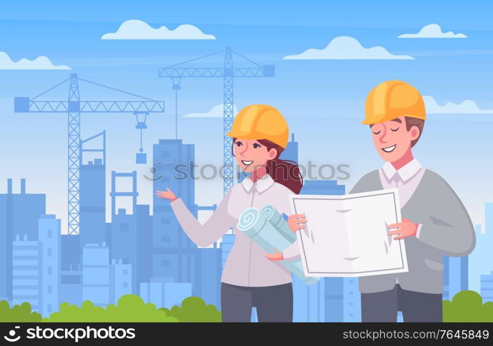 Architect cartoon style composition with cityscape tall buildings and human characters in hard hats with project vector illustration